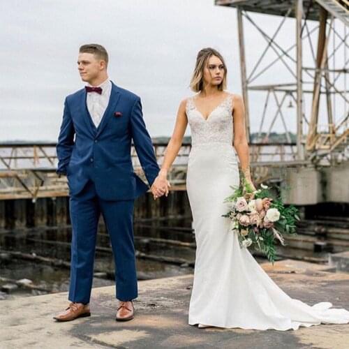 Eightale Princess Wedding Dress V-Neck Appliques Backless Chiffon Long Wedding Dress Mermaid Custom Made Bridal Dress