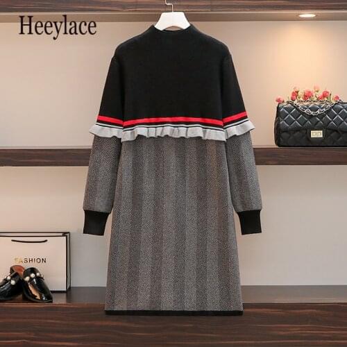 Plus Size Women Striped knitted Sweater Dress Winter Clothes 2020 Knit Ruffle Patchwork Long Sleeve Loose Ladies Knitted Dresses