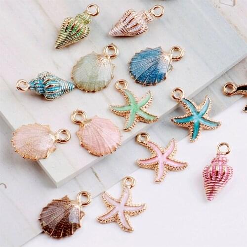 Fashion Design 10Pcs Coloful Nautical Ocean Starfish Shell Conch Sea Enamel Charms For DIY Bracelet & Necklace Jewelry Accessory