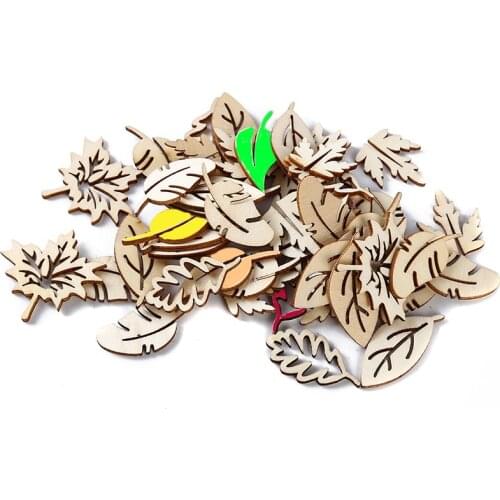 50pcs Handmade Leaves Art Graffiti Button Mix Leaf Natural Wood Chips Embellishments Scrapbooking Crafts Supplies
