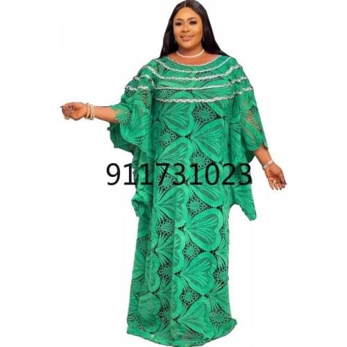 African Lace Maxi Dress Women Robes 3/4 Sleeve Loose Boubou Fashion Solid Hollow Out Streetwear African Traditional Dresses Gown