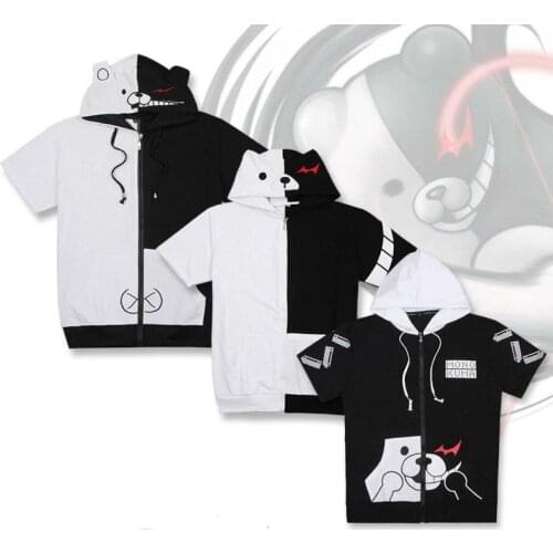 Anime Danganronpa Monokuma Short Sleeved Hooded Hoodies Fleece Cosplay Costumes Unisex T-shirt