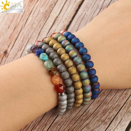 CSJA 7 Chakra Bracelets 8mm Natural Yoga Beads Elastic Blue Lava Matte Stone Crystal Charm Bracelet Balance Reiki Jewelry S455