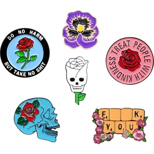 Red Purple Flower Rose "Peopel With Kindness Treat" With White Skull Brooches Creative Matching Punk Skeleton Pins For Women