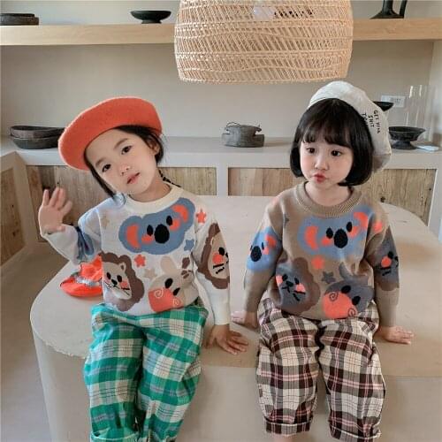 Childrens Sweater Korean 2021 Autumn Baby Boys and Girls Jacquard Cartoon Sweater Outerwear Baby Sweater Kids Knitted Tops 2-7Y