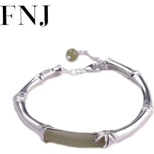FNJ 925 Silver Bangles for Women Jewelry 100% Original S925 Sterling silver Bangle Bamboo Natural Hetian Jade