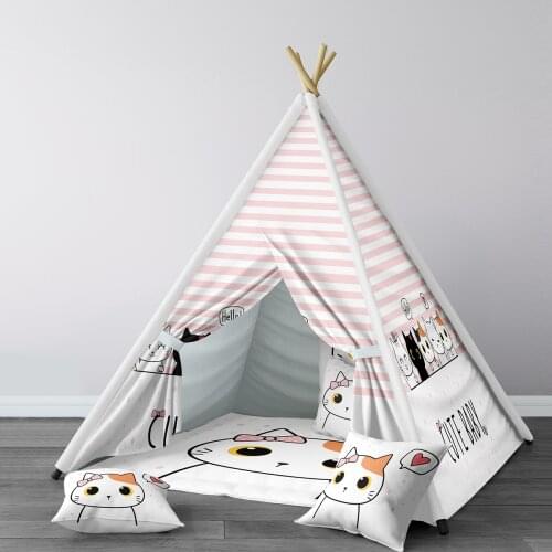 Play Tent for Kids Wigwam Portable Indoor Playground Tents Children Bedrooms Cute Baby Cats Meow Love White Model 062