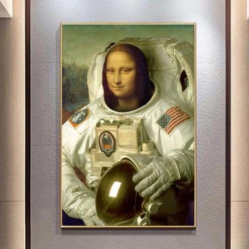 Funny Mona Lisa In A Spacesuit Canvas Painting Portrait Posters and Prints Wall Art Picture for Living Room Home Decor Cuadros