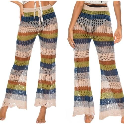 Rainbow Beach Wear Pants Boho Womens Cover Up Pants Sexy Hollow Out Crochet High Waist MeshSwimsuits Pants Openwork Knit Trouse