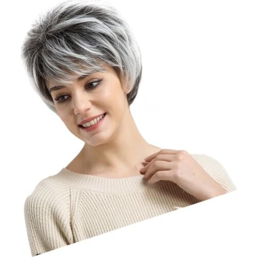 Short Grey White Straight Layered Shaggy Costume Cosplay Full Hair Wigs Side Part Hairpiece for Women 10 Inch