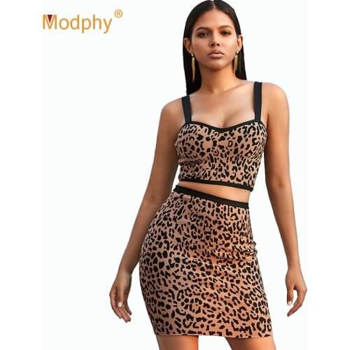 Summer Sexy Leopard New WomenS Bandage Set Sling Top & Pencil Mini Skirt 2 Two-Piece Set Bodycon Club Evening Party Skirt Set