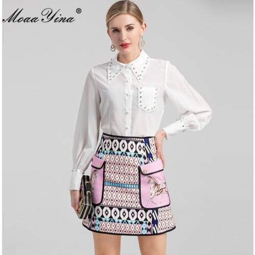 MoaaYina Fashion Designer Runway Autumn Skirts Set Womens Turn-down Collar Beading blouse and Print Skirt Two Piece Suits