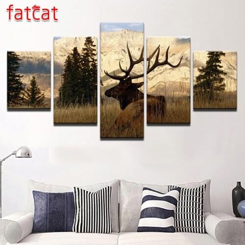 FATCAT 5 Pieces Diy Diamond Painting Mountain Bull Elk Pictures Animal Deer full Square Round Diamond Embroidery Sale Art AE808