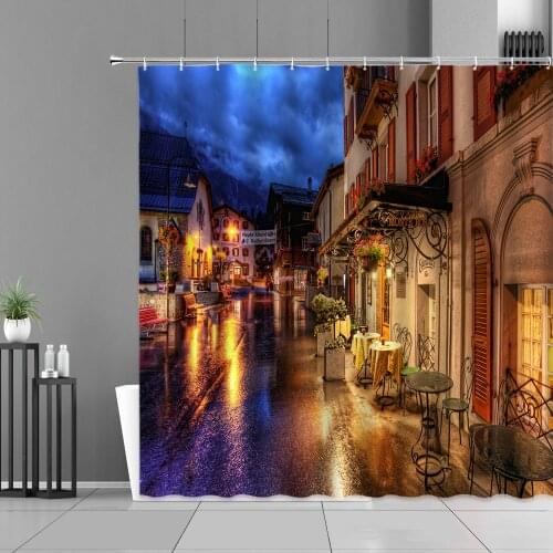 Europe City Landscape Shower Curtains Chic Citys Street Night Scene Bath Curtain Set Waterproof Home Bathroom Decor Cloth Screen
