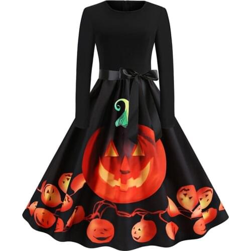 Fancy Pumpkin Printed Halloween Dress Long Sleeve Mid Length Princess Swing Dress Ladies Costume For Festival Party S-XXL
