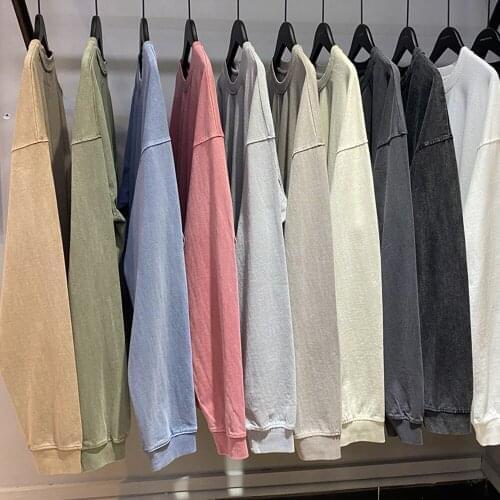 Autumn Garment-Washed Heavy Cotton Thick T-Shirt High Quality Long Sleeve Raglan Tops Hip Hop Tee Streetwear Eleven Colors