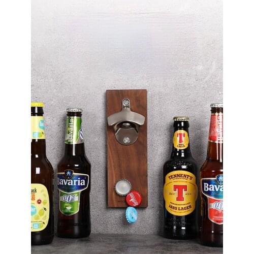 Bottle Opener Wall Mounted with Magnetic Cap Catcher Wooden Refrigerator Mount with Magnets Wood Decor Fathers Day Gifts