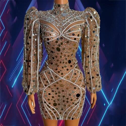 Luxury Crystal Prom Dresses Long Sleeve Sheer Tulle See Through Short Dress Women Evening Party Wear Drag Queen Costumes XS2567