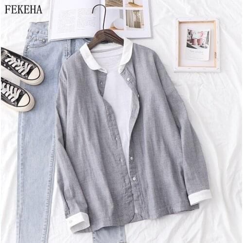 Plaid Shirts Women Blouses Double Cotton Yarn Lady Tops Loose Long Sleeve Female Clothes Spring Autumn News 2021