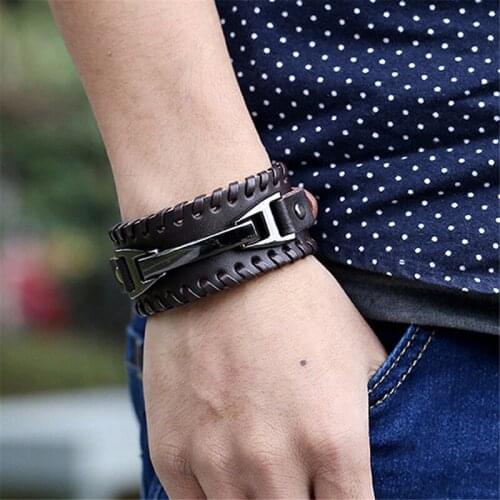 Wide Leather Wristband For Men Stylish PU Leather Bangle With Metal Charm Bracelets Punk Male Pulseira