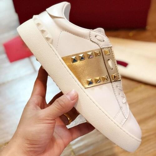 Genuine Leather Lace-Up Shoes Fashion Women Shoes Comfort Women Flats Hot Shoes Woman Round Toe White Shoes Metal Decor Flats