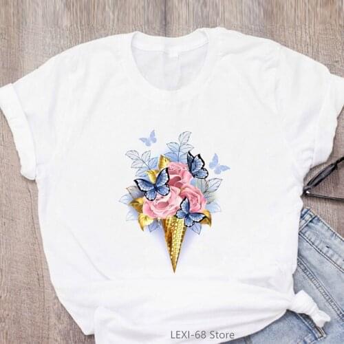 New Arrival 2021 Tshirt Women Ice Cream Pink Rose Butterfly Tee Shirt Femme Summer Tops Fashion Female T-Shirt Streetwear
