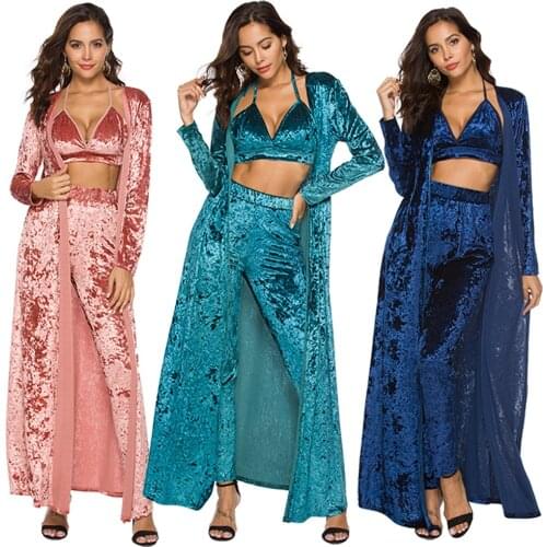 3 Piece Women Velvet Set Spaghetti Strap Crop Top Halter High Waist Pant Long Sleeve Cardigan Cape Suits Streetwear Clothing New
