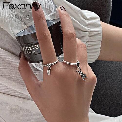 Foxanry 925 Sterling Silver Finger Rabbit Pendant Rings for Women New Fashion Vintage Handmade Smiley Face Party Jewelry Gifts