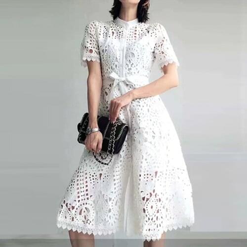Women Vintage Summer Flower Embroidery Short Sleeve Hollow Out Lace Midi Dress Elegant Female Sexy Sashes Party Dresses Vestidos