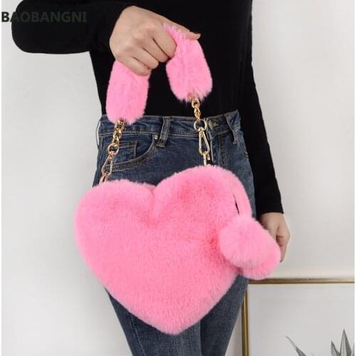 Faux Fur Winter Women Handbags Cute Plush Ladies Heart Shaped Shoulder Bag Cute Female Clutch Purse Love Handbags Messenger Bag