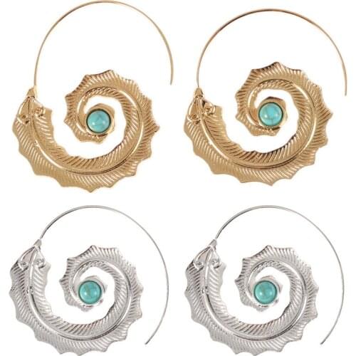 Gold Silver Color Spiral Curved Hook Earrings Vintage Tribal Gypsy Leaf Turquoises Decor Whirl Openwork Round Hoop Earrings