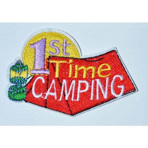 Boy Girl 1ST TIME CAMPING Fun iron on Patch Crests Badges GUIDES SCOUTS First tent (size is about 7.7 * 5.4 cm)
