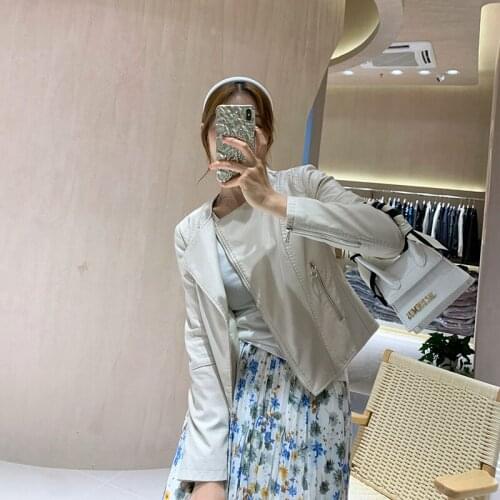 O Neck Slim Short Faux Leather Motorcycle Biker Jacket Brown Beige Black Women Leather Coat Autumn Korean Long Sleeve Outerwear