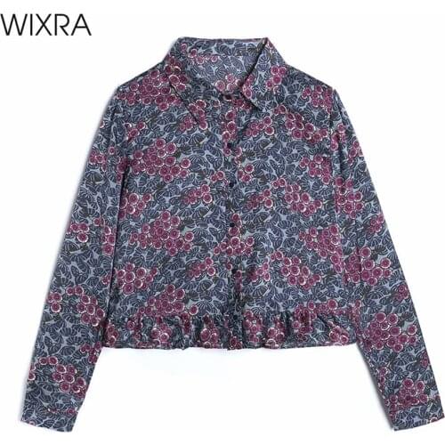 Wixra Womens Floral Ruffles Blouse Long Sleeve Turn-Down Collar Casual Shirts Femal Spring Summer Tops