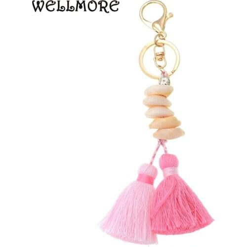 WELLMORE BOHO style keychain shandmade shell with long tassel alloy Key Chain For Women Girl Bag Keychain