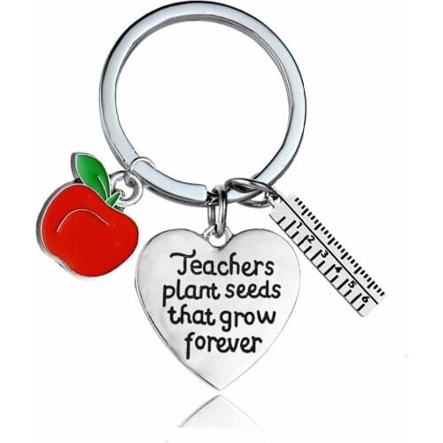 12PC/Lot Teachers Plant Seeds That Grow Forever Keyring Red Apple Ruler Heart Keychain Teachers Day Gifts For Teacher Jewelry