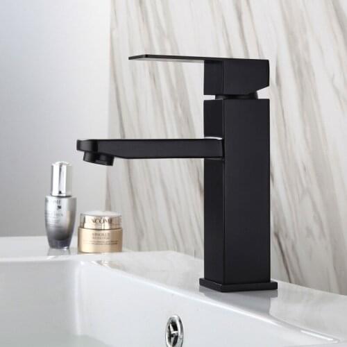 Stainless steel black washbasin faucet, effectively saving water, bathroom tetragonal single hole basin faucet