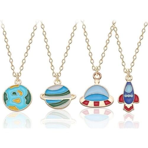 Creative Memories Choker Blue Planet Trend Earth Astronaut Spaceship Rocket Pendant Necklace Men And Women Jewelry Gold Chain