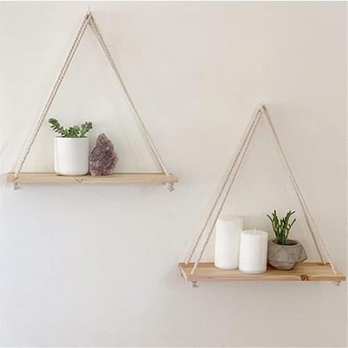 Premium Wood Swing Hanging Rope Wall Mounted Floating Shelves Plant Flower Pot Stand -Wall Sling Rack Indoor Outdoor Decoration