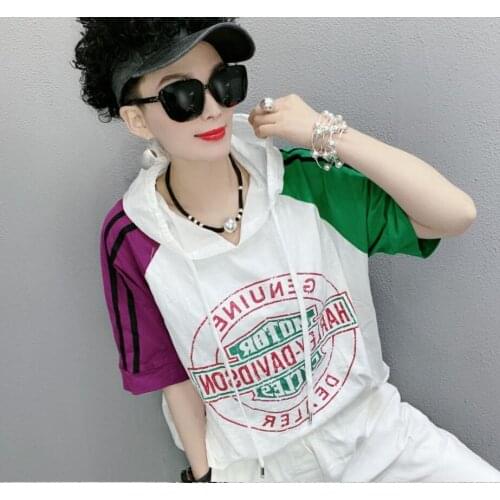 Summer New Korea Fashion Women Short Sleeve Loose T-shirt All-matched Casual Print Patchwork Tee Shirt Femme Cotton Tops
