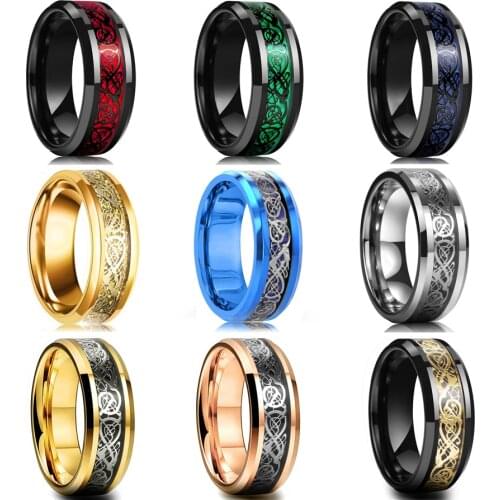 Fashion 8mm Mens Stainless Steel Celtic Dragon Ring Inlay Red Green Blue Carbon Fiber Rings Men Wedding Band Jewelry Wholesale