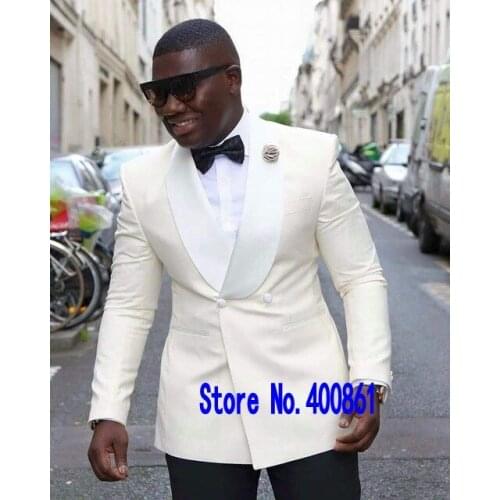 Fashionable Double Breasted Ivory Groom Tuxedos Shawl Lapel Groomsmen Men Blazers 2 piece Suits (Jacket+Pants+Tie) NO:339