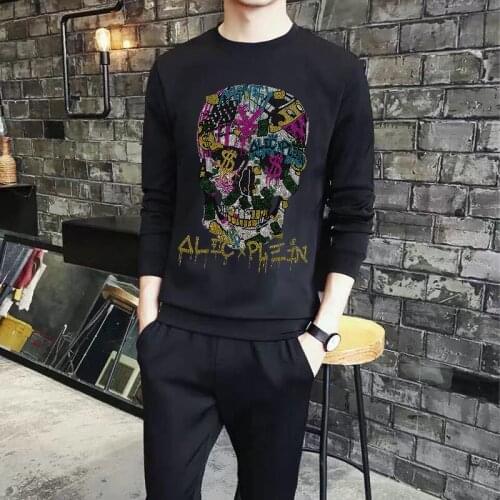 Mens Tracksuit Winter Black Casual Oversized Hoodie And Trousers Two-Piece Rhinestone Style Suitable For Fitness Comfortable
