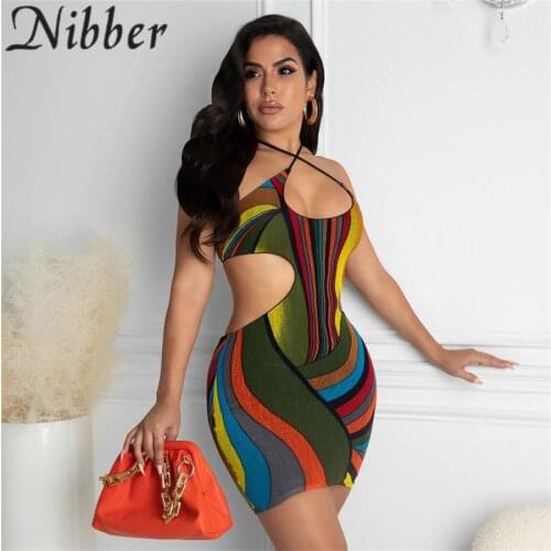 Nibber Y2k Print One Shoulder Sleeveless Bodycon Dress Women Sexy Hollow Out Mini Dresses Hipster Summer Party Club Clothes
