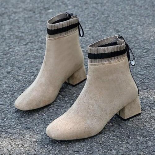 Autumn Winter Knitted Stretch Fabric Socks Women Boots Low heel Short Pointed Toe Ankle Black Khaki Botas Mujer Plus Size 35-43