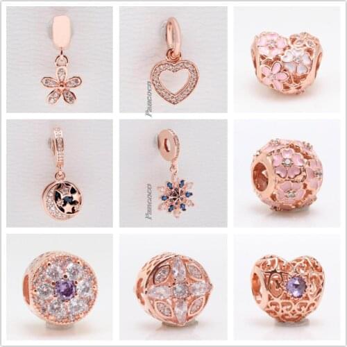 Authentic 925 Sterling Silver ROSE Night Sky & Star With Crystal Pendant Charm Beads Fit Pandora Bracelet & Necklace Jewelry