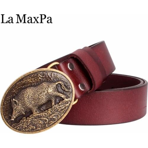 La MaxPa Men fashion belt pig pattern buckle genuine leather belt pig skin Wild boar Jeans belt for men gift
