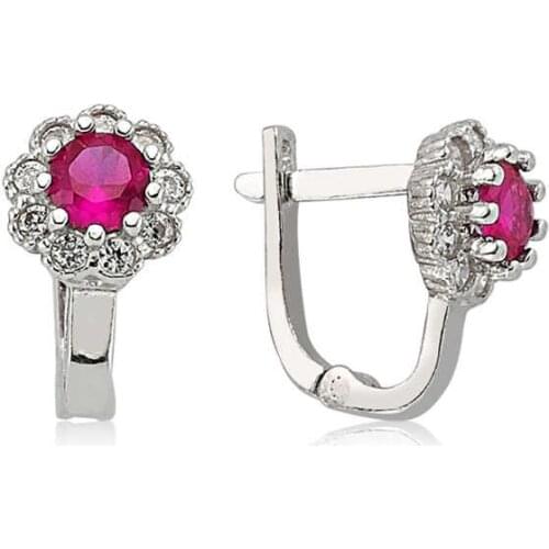 Silver Red Cubic Zirconia Flower Earrings
