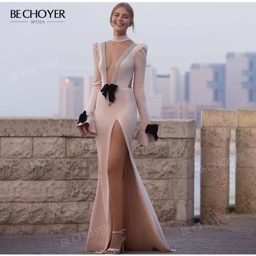 Wedding Dress Long Sleeve 2021 V-neck Bow Open Back Mermaid Bridal Gown Party Princess BECHOYER BA11 Plus Size Vestido De Noiva