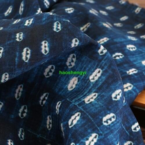 High-end blue dyed style original printing pure ramie retro literary style fabric